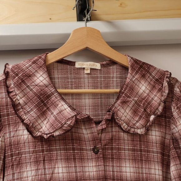 Eden & Olivia Ivory/Berry Plaid Button-Up Blouse With Ruffle Collar - Size L - Picture 9 of 14